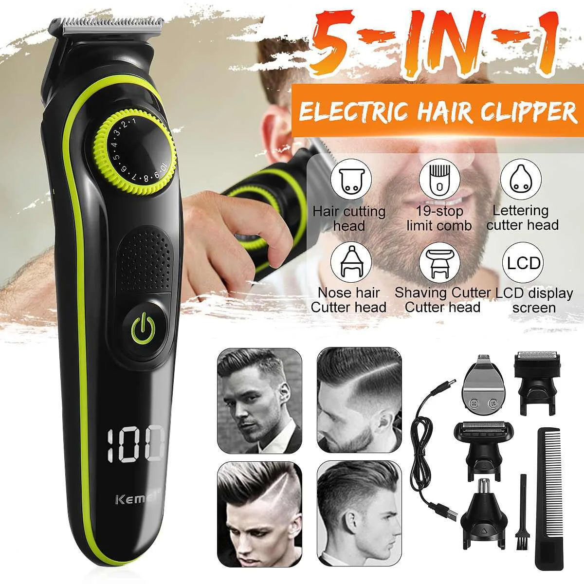 Kemei Professional Electric Hair Clipper trimmer and shaver Rechargeable 5in1 Full Care Men's Grooming Kit Muli-function Personal Trimmer KM-696