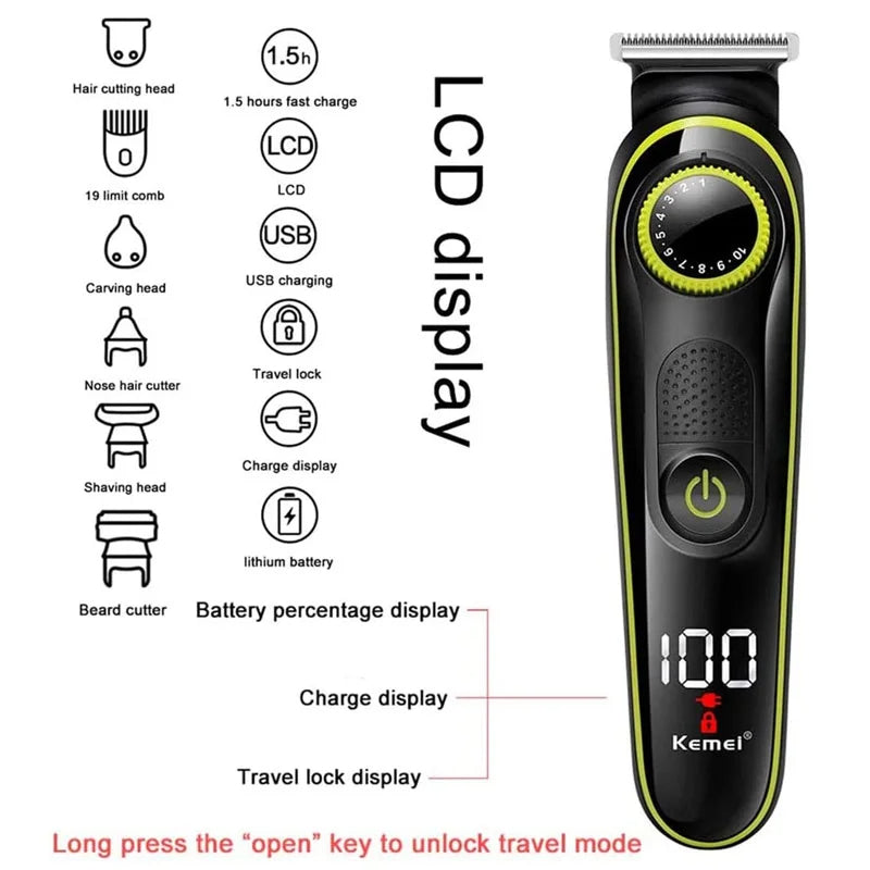 Kemei Professional Electric Hair Clipper trimmer and shaver Rechargeable 5in1 Full Care Men's Grooming Kit Muli-function Personal Trimmer KM-696