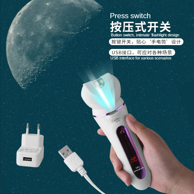 Kemei Km-7936 5 in 1 Handheld Full Body Washing Microdermabrasion Cleansing Massage Replaceable Head Epilator