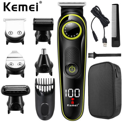 Kemei KM-696 5 in 1 LCD Household Hair Trimmer Electric Hair Clippers Multifunctional USB Rechargeable Nose Hair Cutting Machine