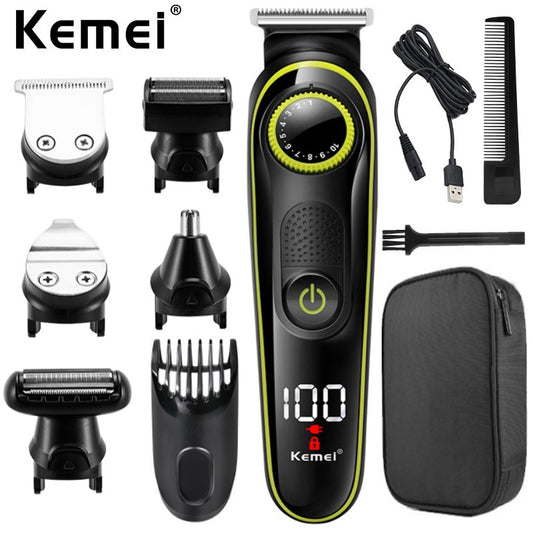 Kemei KM-696 5 in 1 LCD Household Hair Trimmer Electric Hair Clippers Multifunctional USB Rechargeable Nose Hair Cutting Machine