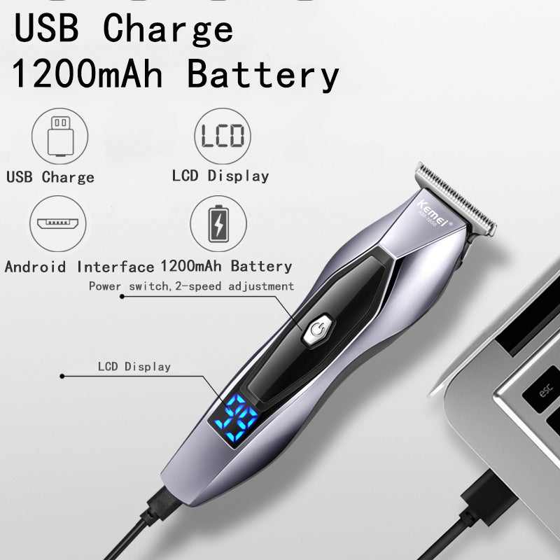 Kemei LCD Men's Electric Hair Clipper USB 1200mAh Electric Beard Trimmer Barber Hair Cutting Machine 2-Speed Adjustment 5W