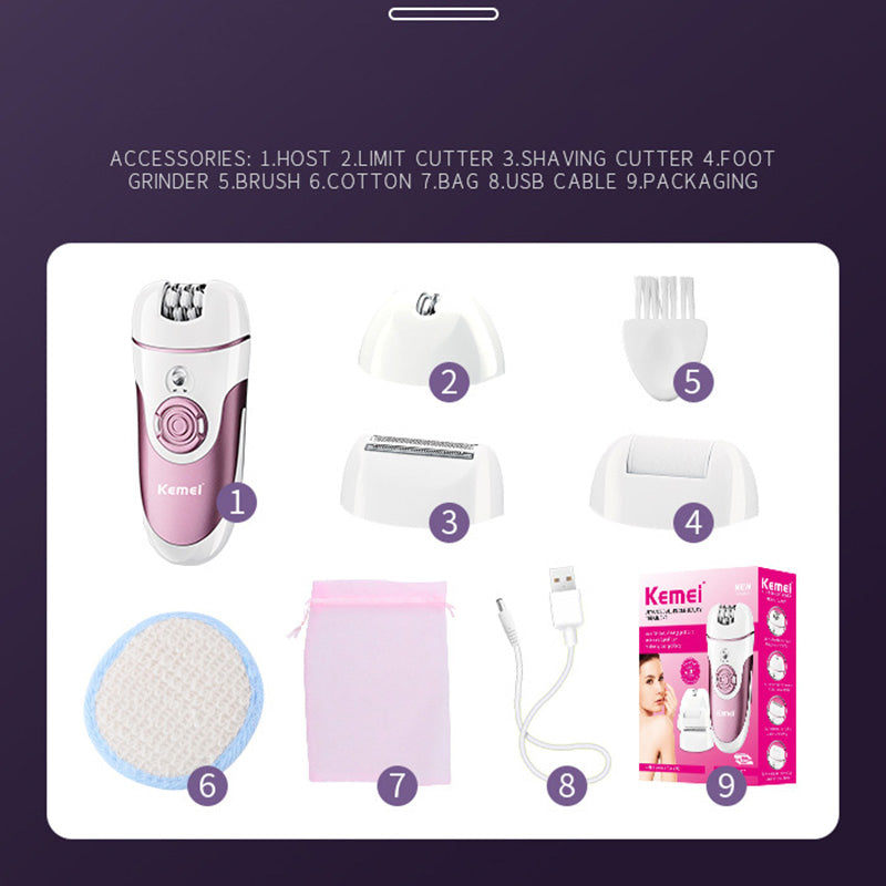 Kemei KM-1307a epilator for long lasting hair removal includes pedicure shaver and trimmer head hair removal pubic hair bikini are